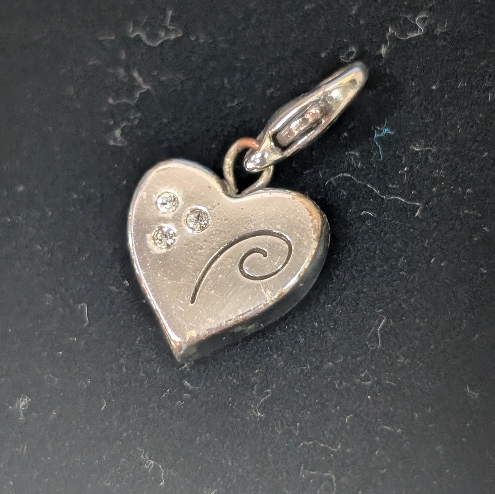 Brighton Heart Shaped Snap Charm Silver Plated Scroll Crystal Accents Romantic